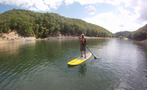 Mike Peery, first day on paddleboard at Lake Moomaw