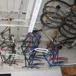 Used bike frames hang from the ceiling awaiting a rebuild and new owner.