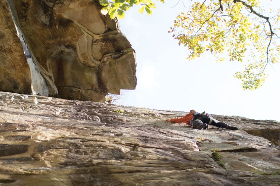 Climber Adam Ritter leading Best Seat in the House in the Obed. Photo: Jess Daddio
