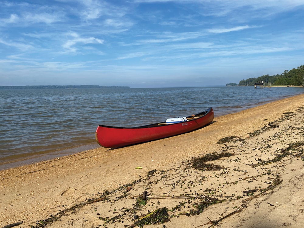 Tim Kaine's canoe on the banks of the lower James River