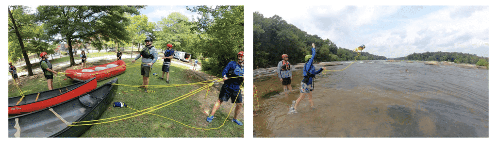 Two photos of a swift water rescue drills. Left photo shows students practicing rope ties on land with multiple canoes and rafts. Right photo shows a student throwing a rescue rope, also known as a throw bag.