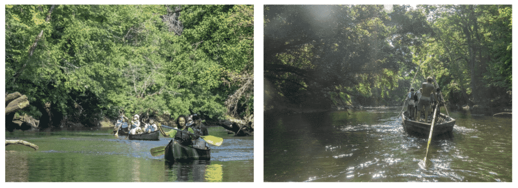 Two photos of groups of students paddling down a calm river.