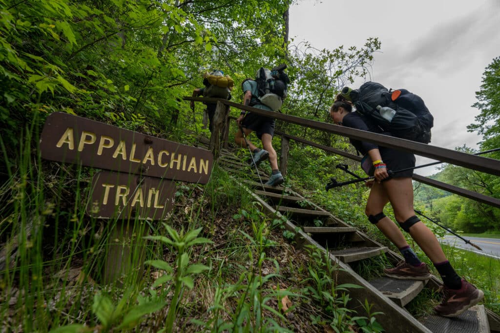 Hikers wearing backpacking backpacks and carrying hiking poles climb wooden steps on a trail labeled, "Appalachian Trail"