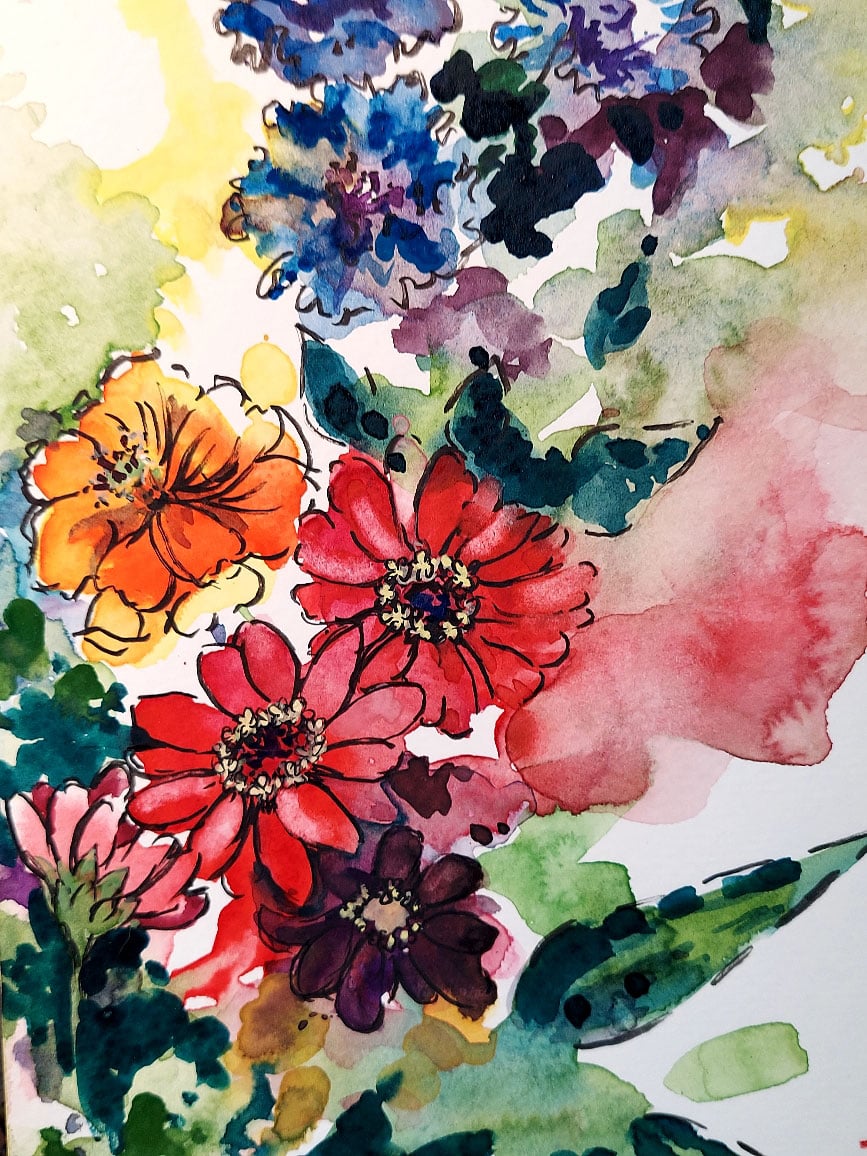 A colorful watercolor painting of orange, yellow, purple, blue, red, and green wildflowers from Marty’s garden painted by Delia Wach.