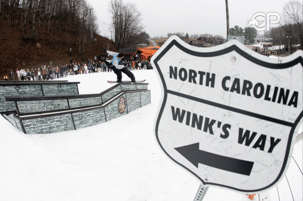Luke Winkelmann rides down Wink's Way at Red Bull Rail Yard at App Mountain Ski Resort in North Carolina, USA on 11 December, 2022.
