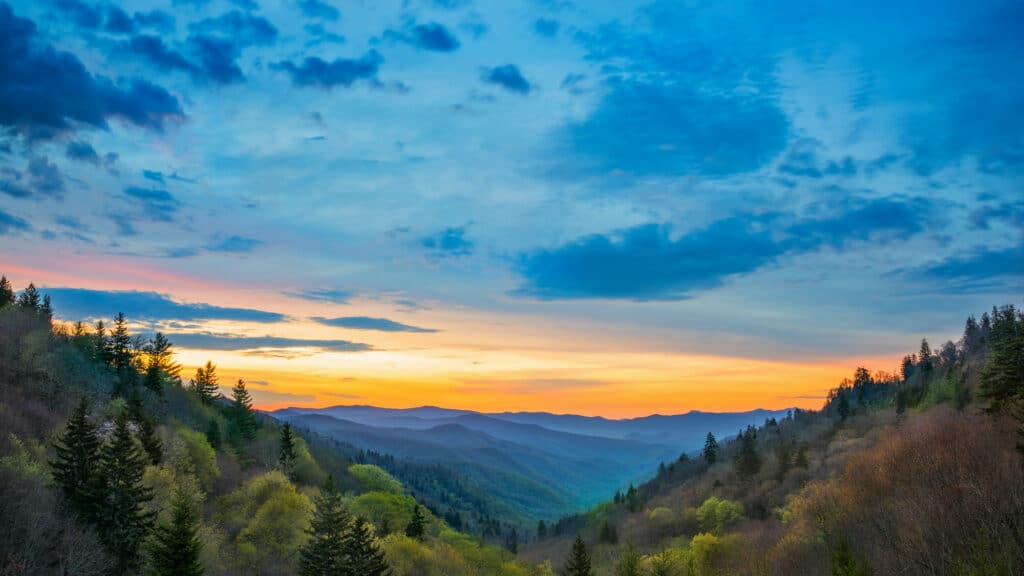 Bright orange and blue sunset on a lush forested mountain range