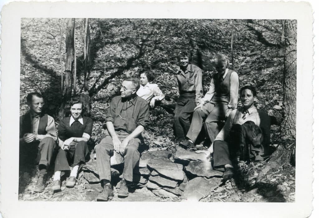 Black and white photo of a group of early Carolina Mountain Club hikers are led by Dr. Gaillard S. Tennent (third from left), the Carolina Mountain Club's first president and namesake of Tennent Mountain in the Pisgah National Forest. Photo courtesy of the Carolina Mountain Club Archive, D.H. Ramsey Library, Special Collections, University of North Carolina Asheville